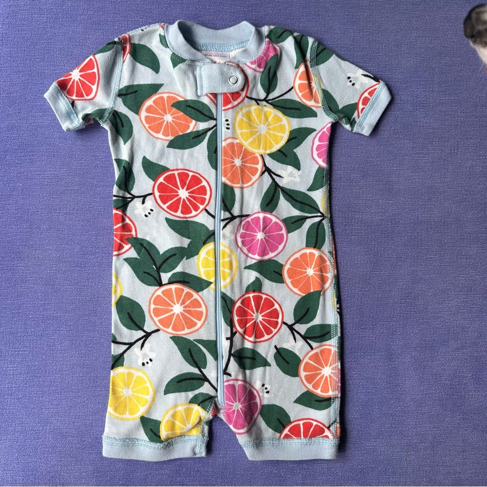 Hanna Andersson Blue Colorful Sweet Citrus Print Shortie Baby Romper